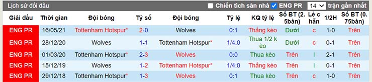 Lịch sử đối đầu Wolves vs Tottenham